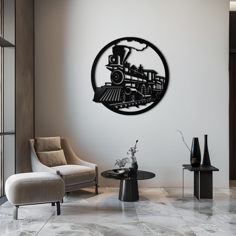 Vintage Steam Train Metal Wall Art – Rustic Locomotive Decor – KAF100 Black 19×19(49cm x 48cm)